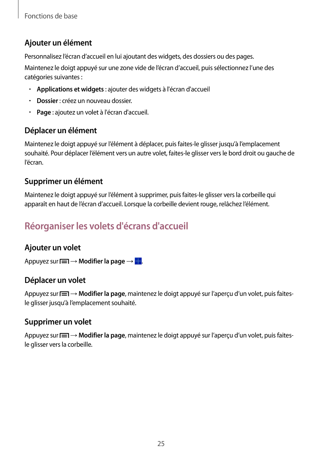 Samsung GT-P5200ZWAXEF manual Réorganiser les volets décrans daccueil 