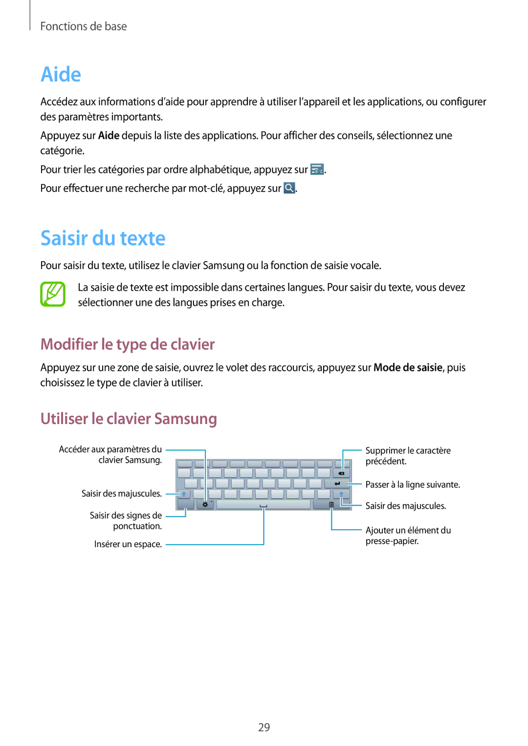 Samsung GT-P5200ZWAXEF manual Aide, Saisir du texte, Modifier le type de clavier, Utiliser le clavier Samsung 