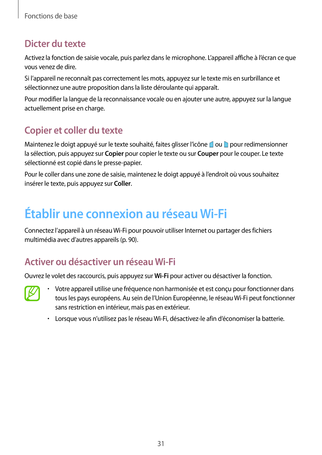 Samsung GT-P5200ZWAXEF manual Établir une connexion au réseau Wi-Fi, Dicter du texte, Copier et coller du texte 