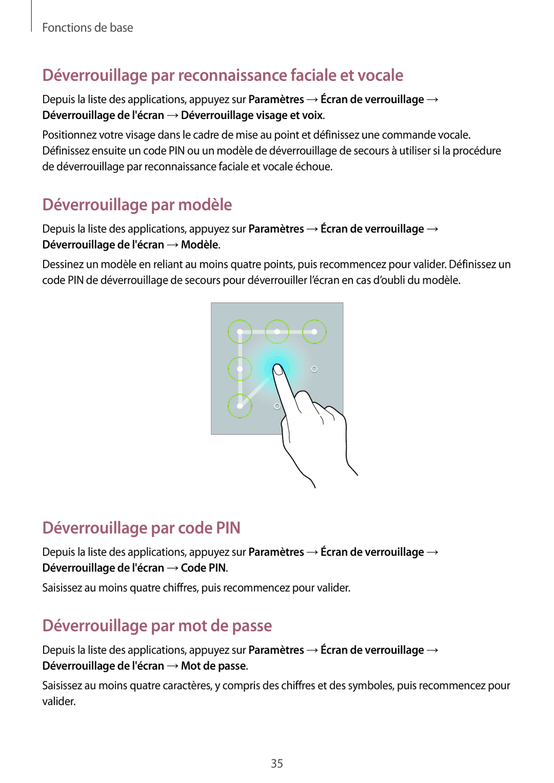 Samsung GT-P5200ZWAXEF manual Déverrouillage par reconnaissance faciale et vocale, Déverrouillage par modèle 