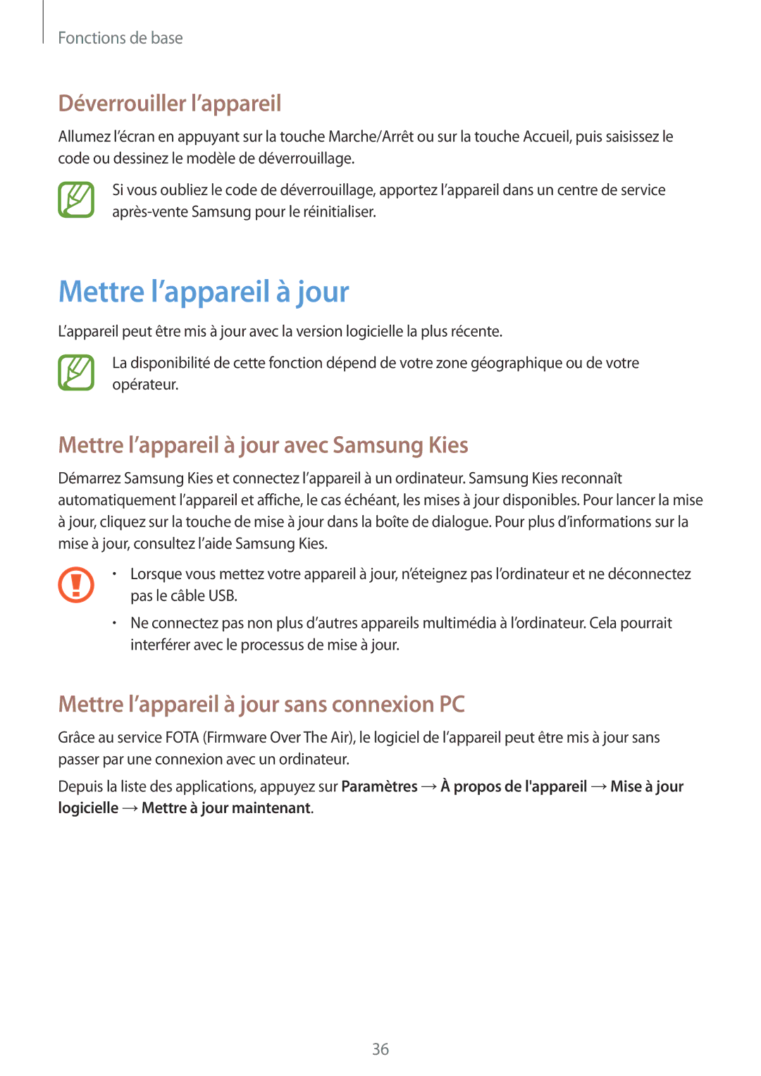 Samsung GT-P5200ZWAXEF manual Déverrouiller l’appareil, Mettre l’appareil à jour avec Samsung Kies 