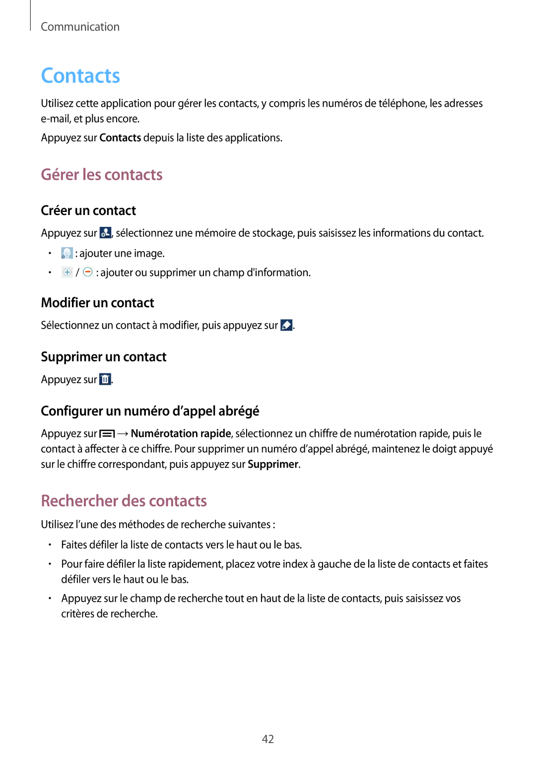 Samsung GT-P5200ZWAXEF manual Contacts, Gérer les contacts, Rechercher des contacts 