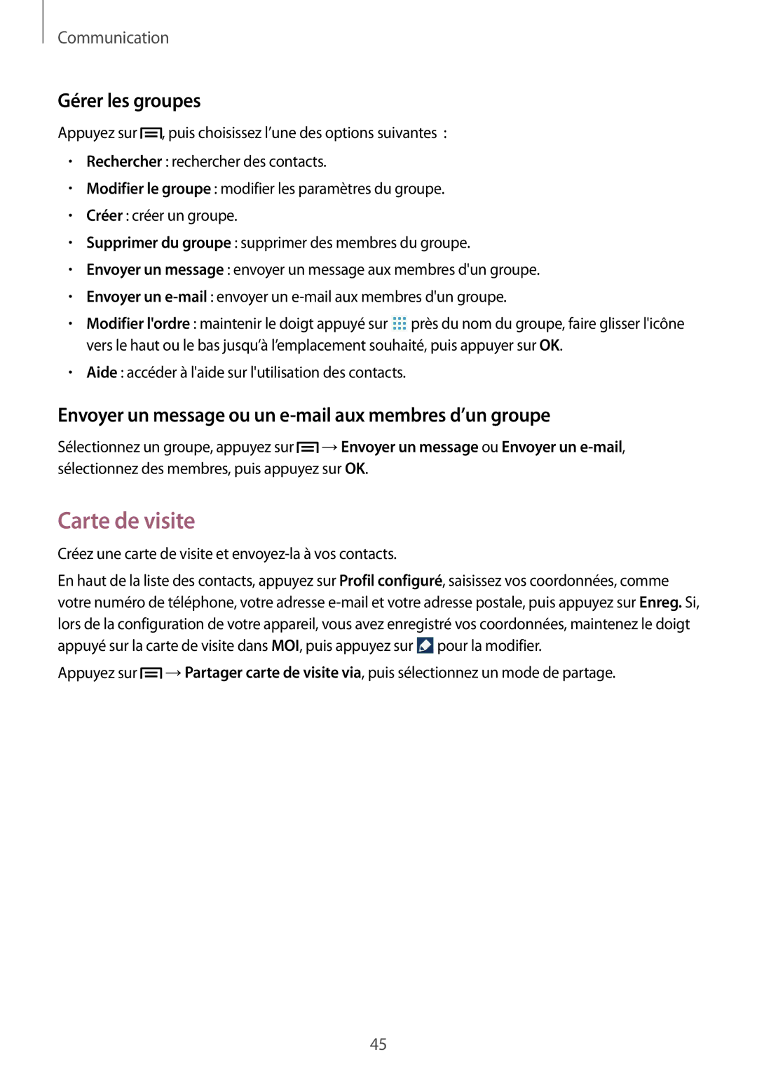 Samsung GT-P5200ZWAXEF manual Carte de visite, Gérer les groupes, Envoyer un message ou un e-mail aux membres d’un groupe 