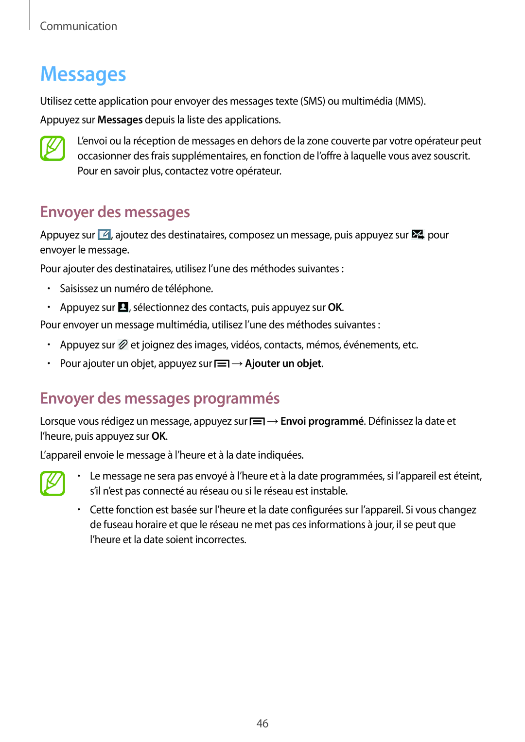 Samsung GT-P5200ZWAXEF manual Messages, Envoyer des messages programmés 