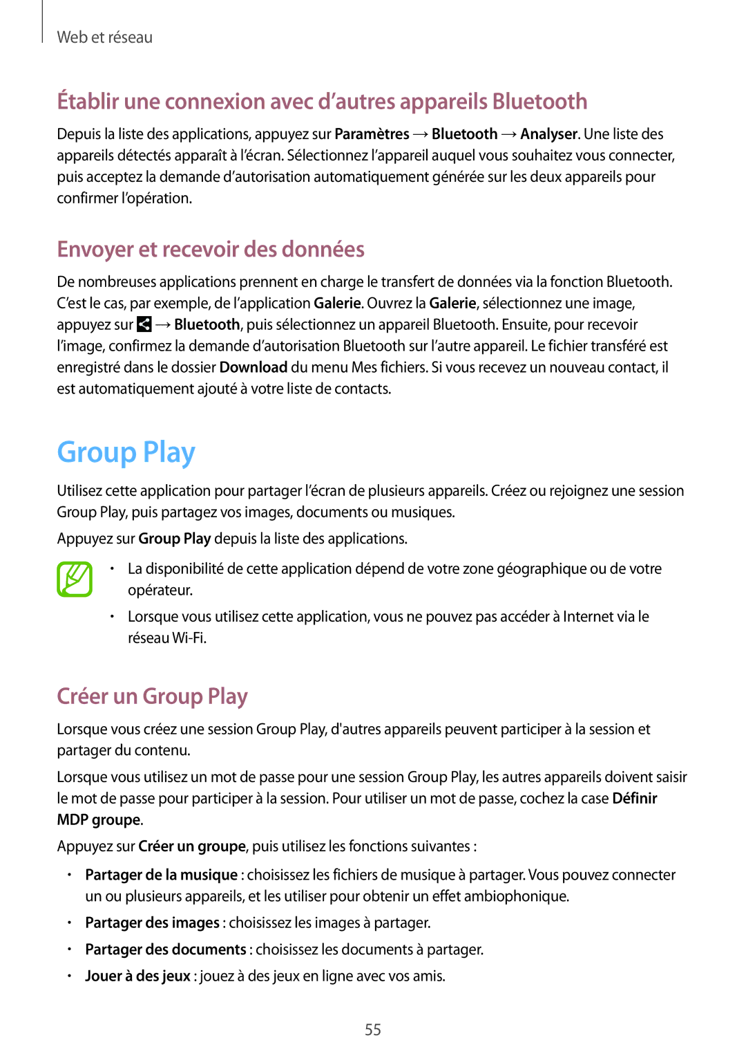 Samsung GT-P5200ZWAXEF manual Établir une connexion avec d’autres appareils Bluetooth, Créer un Group Play 