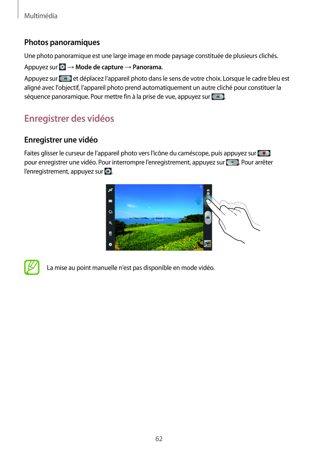 Samsung GT-P5200ZWAXEF manual Enregistrer des vidéos, Photos panoramiques, Enregistrer une vidéo 