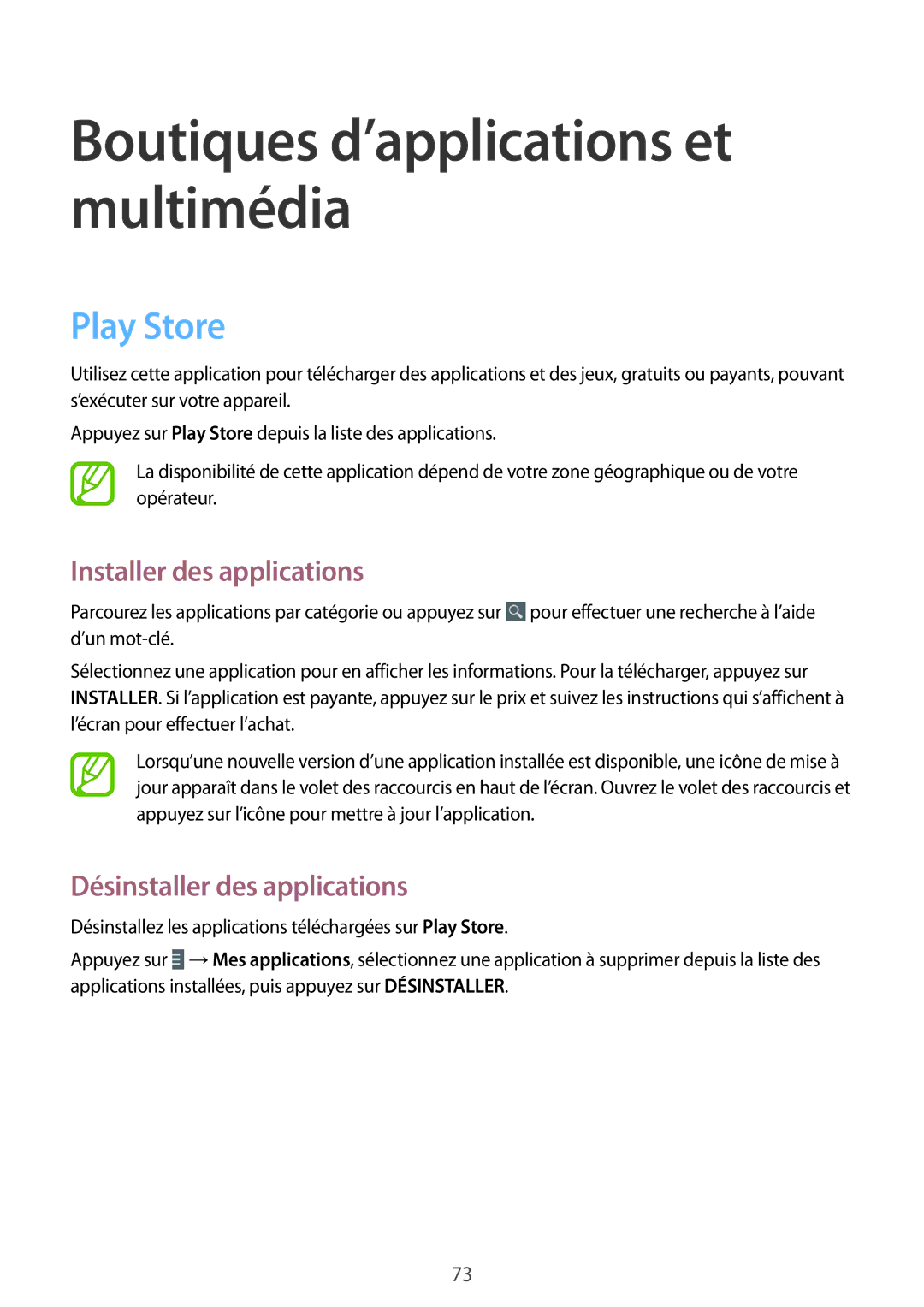 Samsung GT-P5200ZWAXEF manual Boutiques d’applications et multimédia, Play Store 