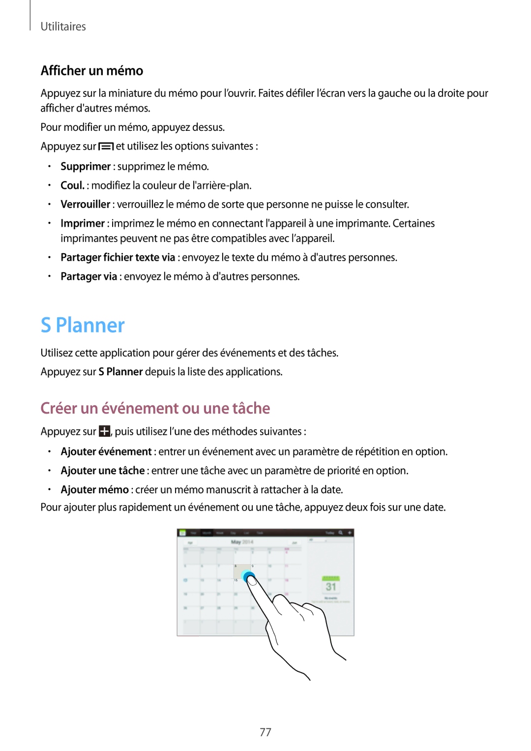 Samsung GT-P5200ZWAXEF manual Planner, Créer un événement ou une tâche, Afficher un mémo 