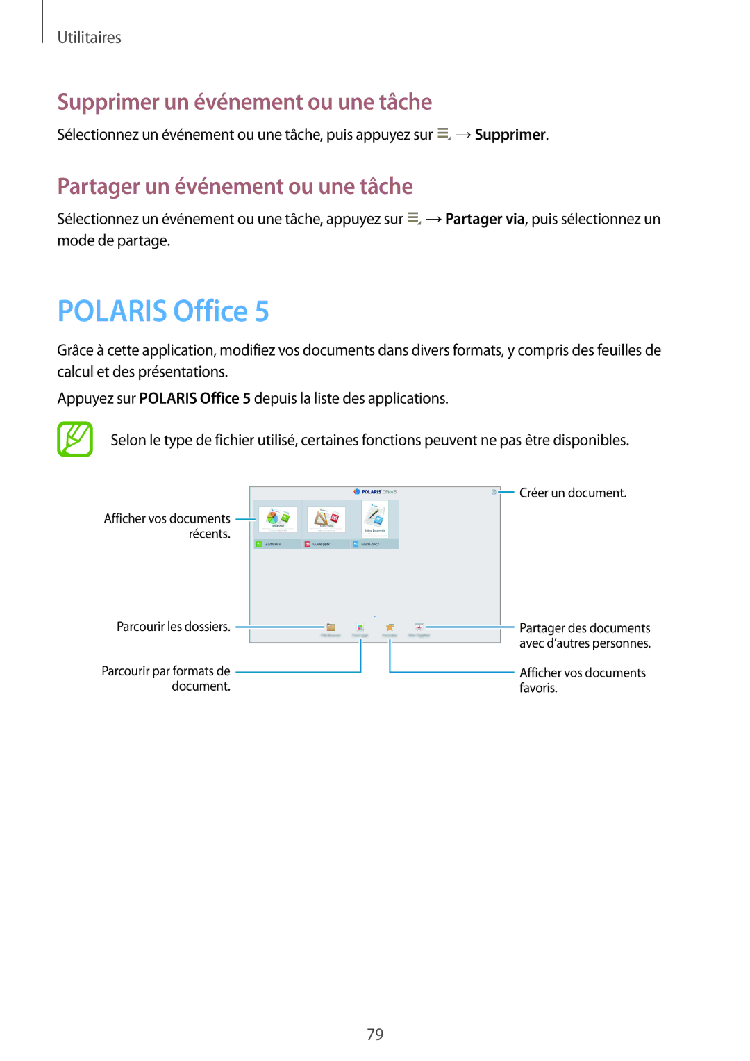 Samsung GT-P5200ZWAXEF manual Polaris Office, Supprimer un événement ou une tâche, Partager un événement ou une tâche 