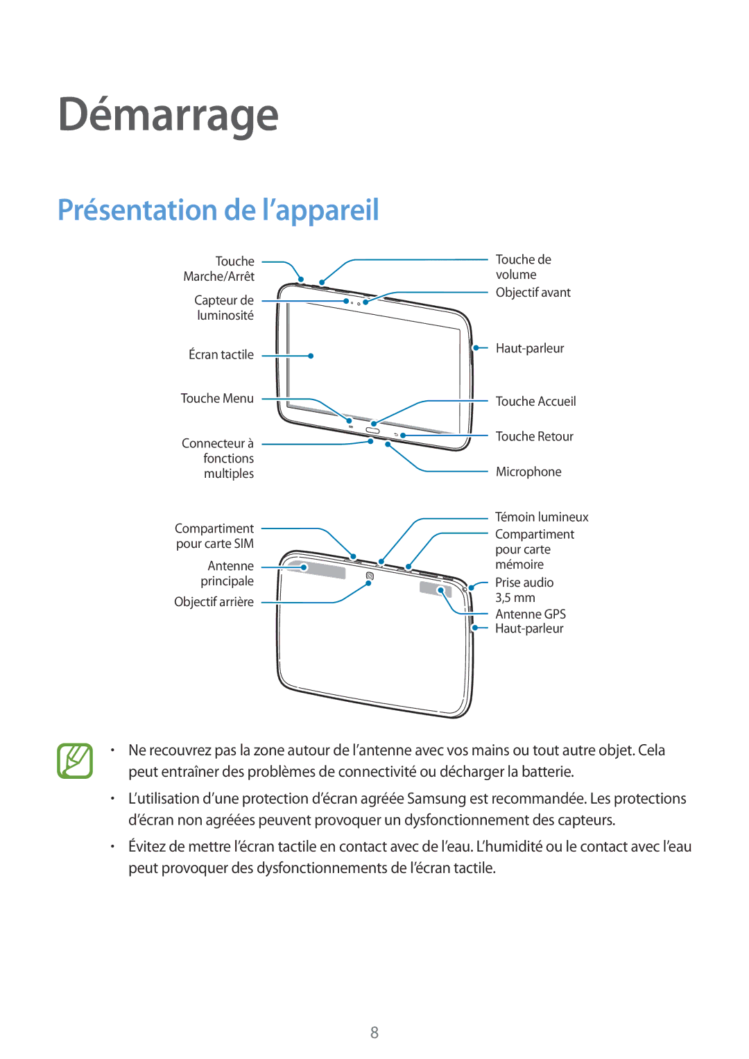 Samsung GT-P5200ZWAXEF manual Démarrage, Présentation de l’appareil 