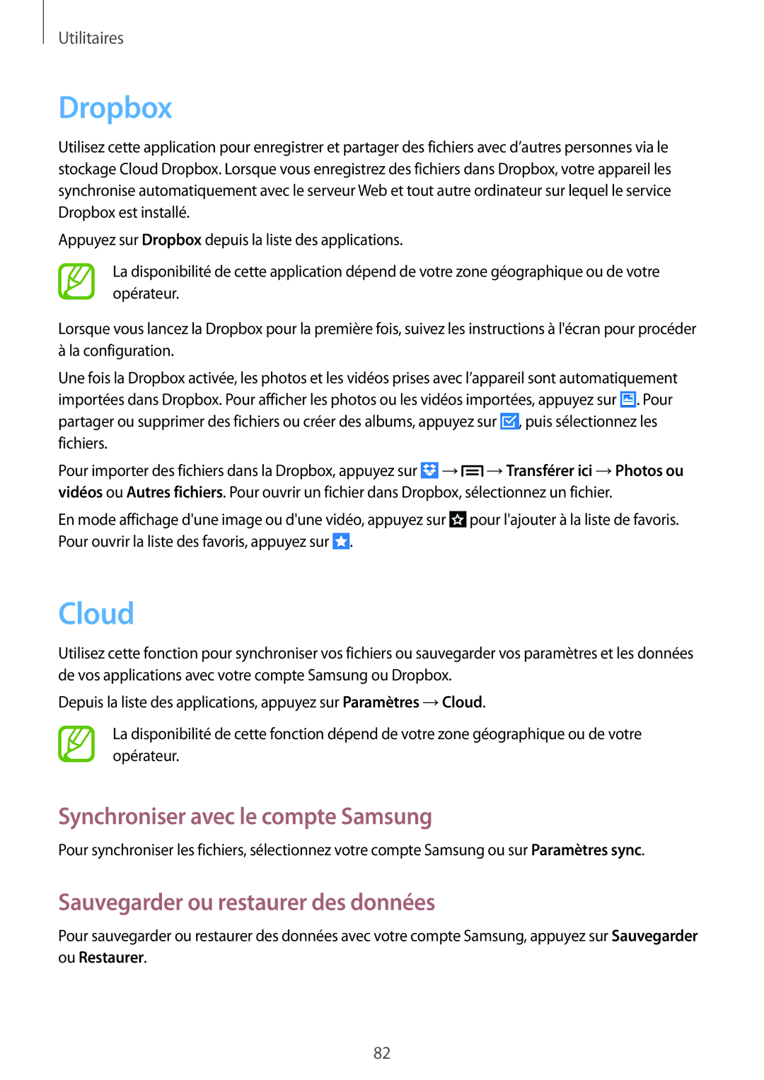 Samsung GT-P5200ZWAXEF manual Dropbox, Cloud, Synchroniser avec le compte Samsung, Sauvegarder ou restaurer des données 