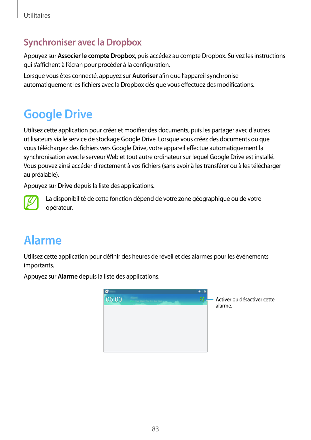 Samsung GT-P5200ZWAXEF manual Google Drive, Alarme, Synchroniser avec la Dropbox 