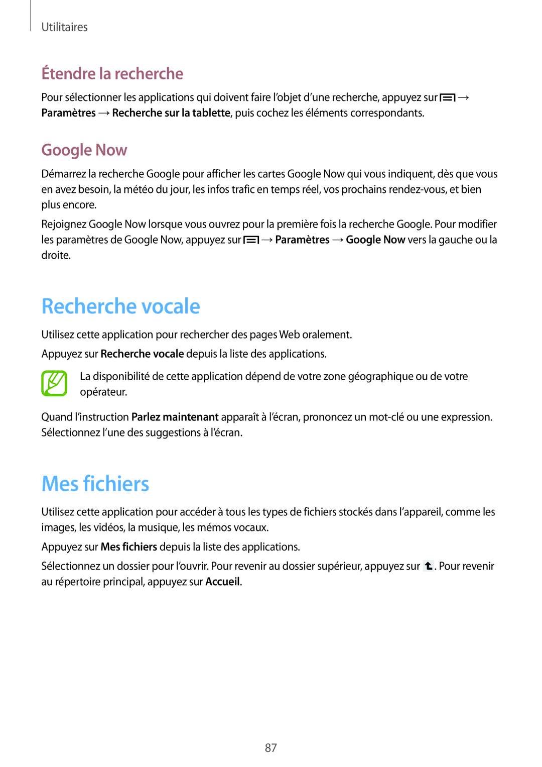 Samsung GT-P5200ZWAXEF manual Recherche vocale, Mes fichiers, Étendre la recherche, Google Now 