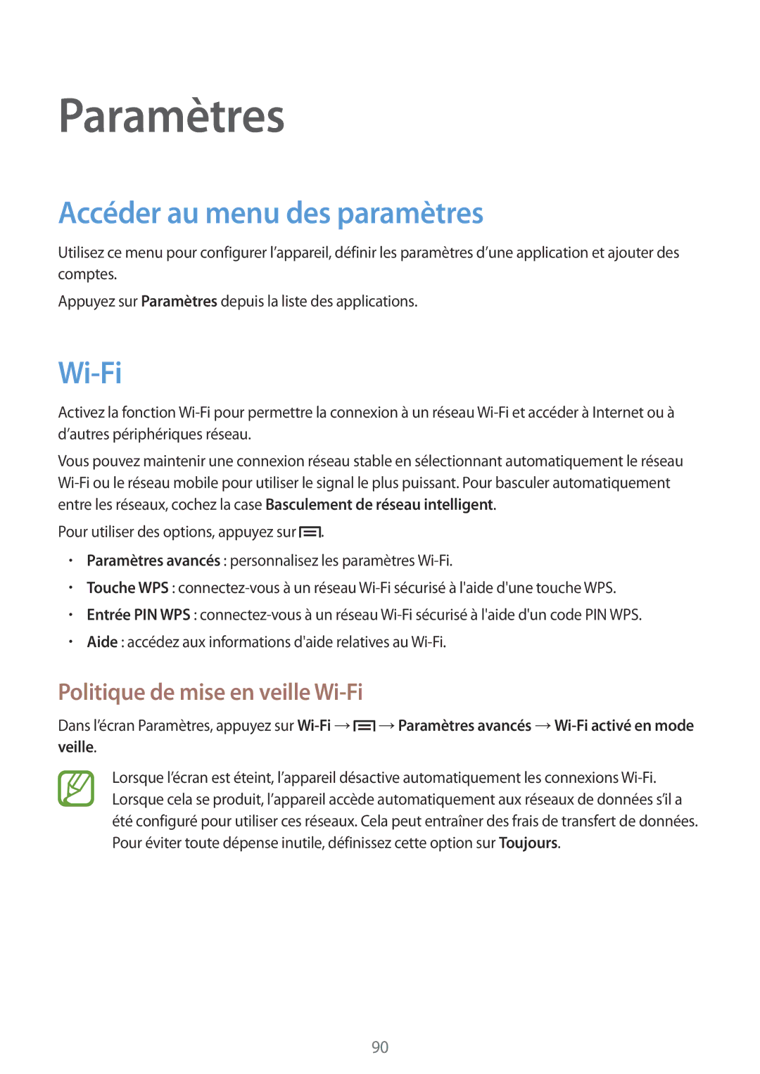 Samsung GT-P5200ZWAXEF manual Paramètres, Accéder au menu des paramètres, Politique de mise en veille Wi-Fi 