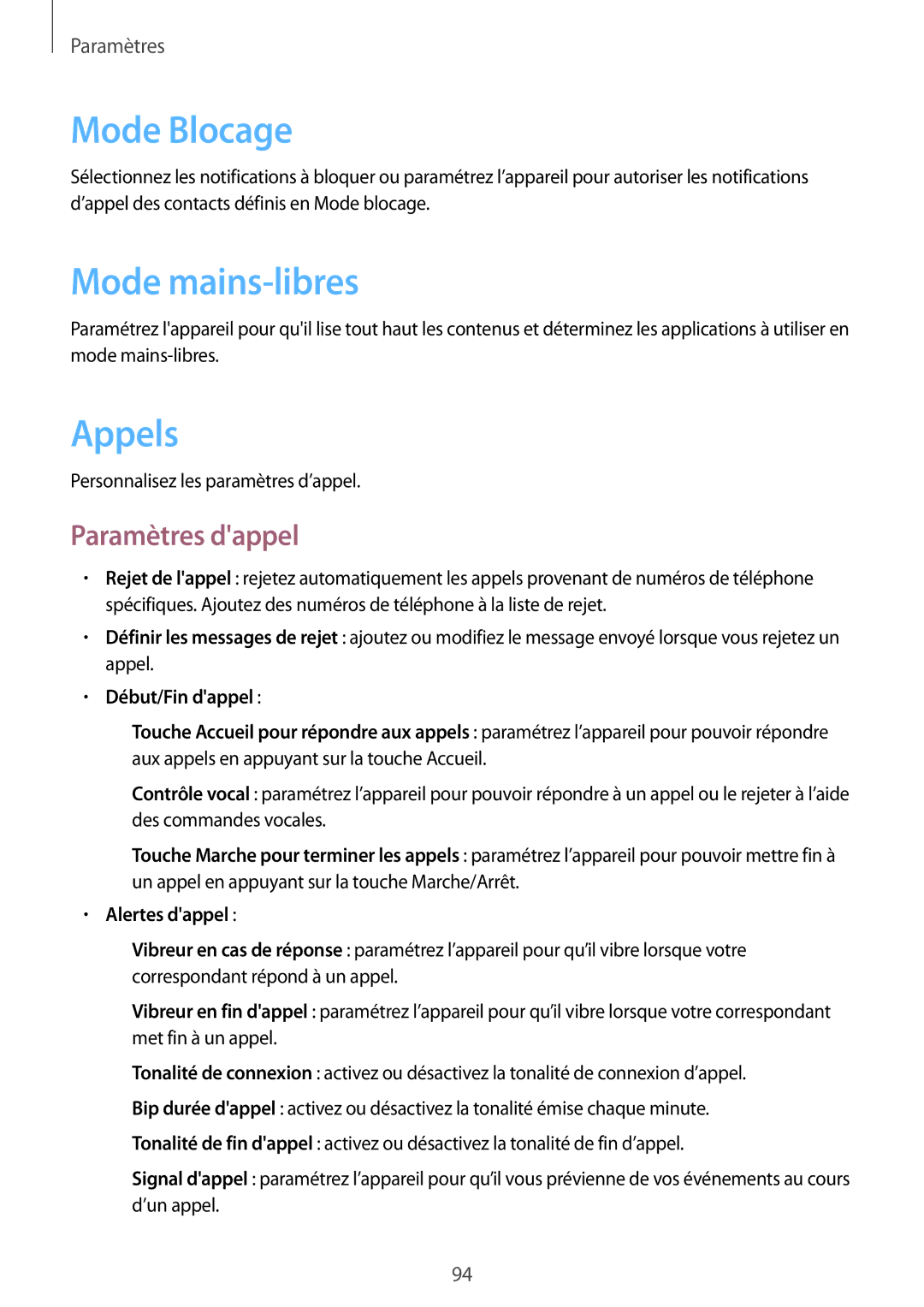 Samsung GT-P5200ZWAXEF manual Mode Blocage, Mode mains-libres, Appels, Paramètres dappel, Alertes dappel 