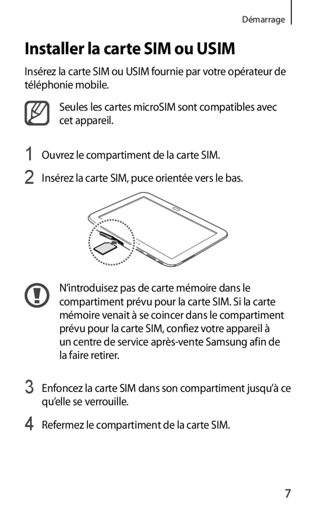 Samsung GT-P5200ZWAXEF manual Installer la carte SIM ou Usim 