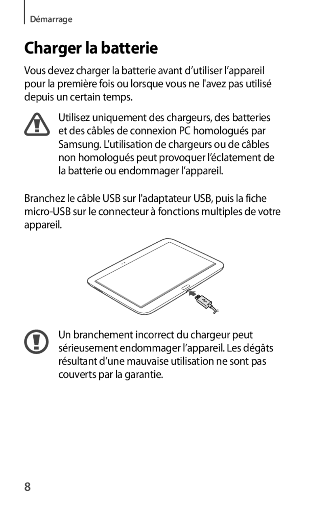 Samsung GT-P5200ZWAXEF manual Charger la batterie 