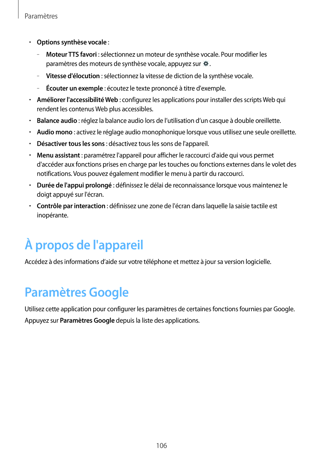 Samsung GT-P5200ZWAXEF manual Propos de lappareil, Paramètres Google, Options synthèse vocale 