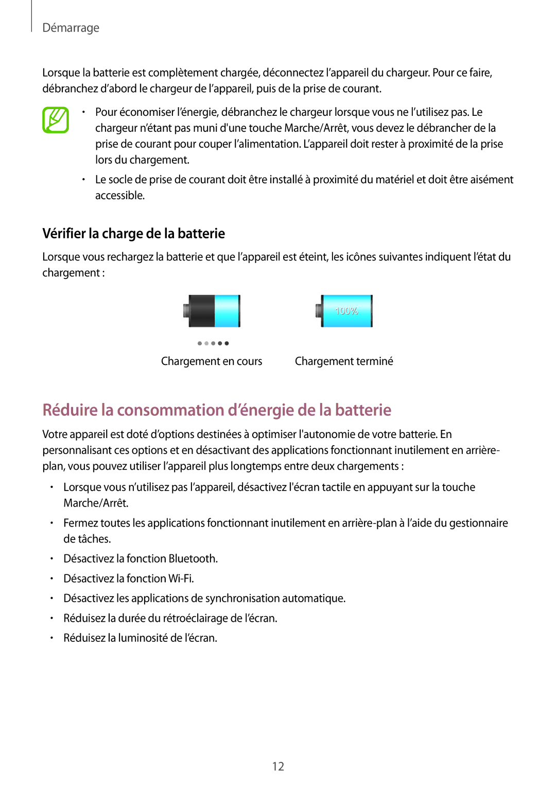 Samsung GT-P5200ZWAXEF manual Réduire la consommation d’énergie de la batterie, Vérifier la charge de la batterie 