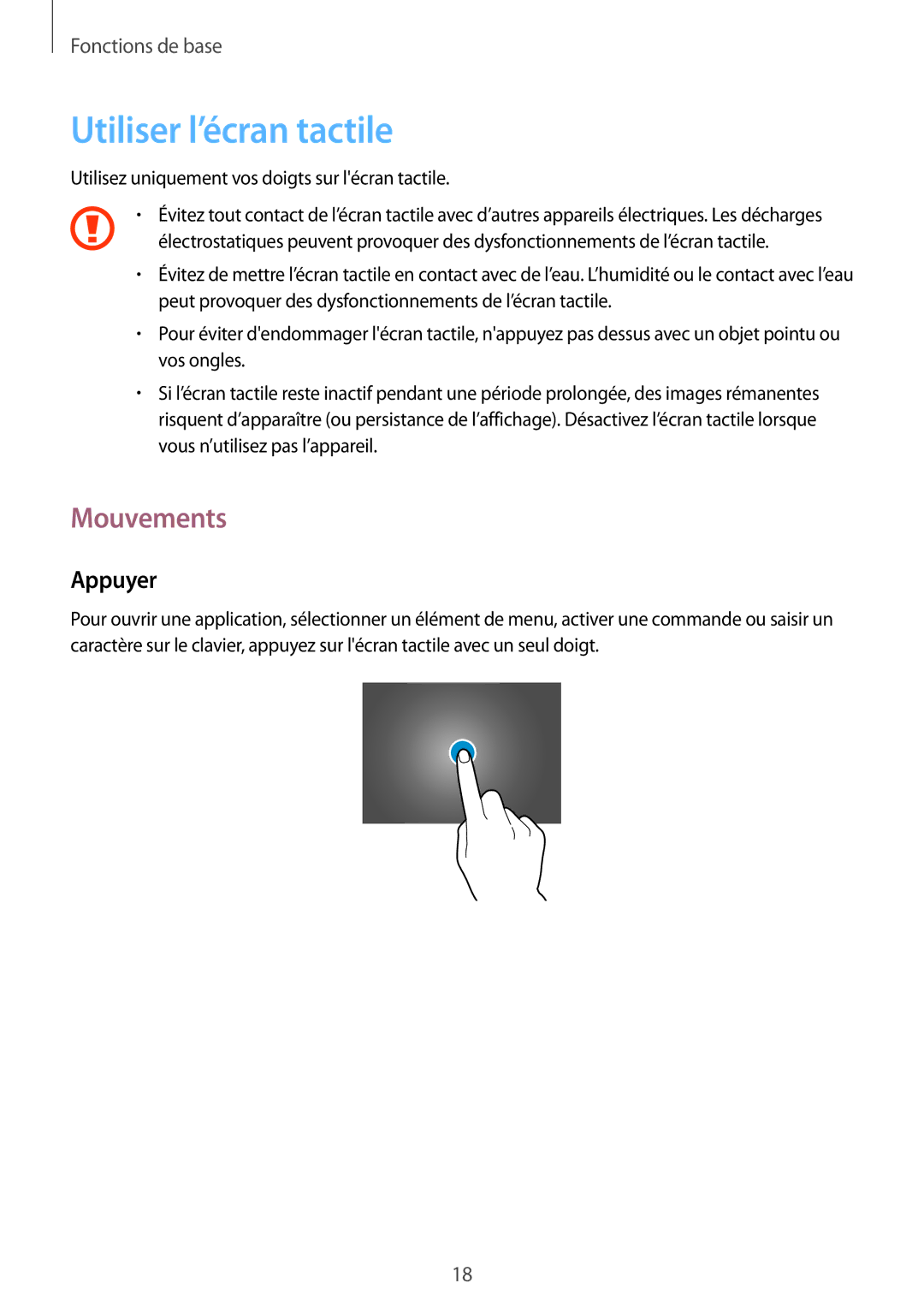 Samsung GT-P5200ZWAXEF manual Utiliser l’écran tactile, Mouvements, Appuyer 