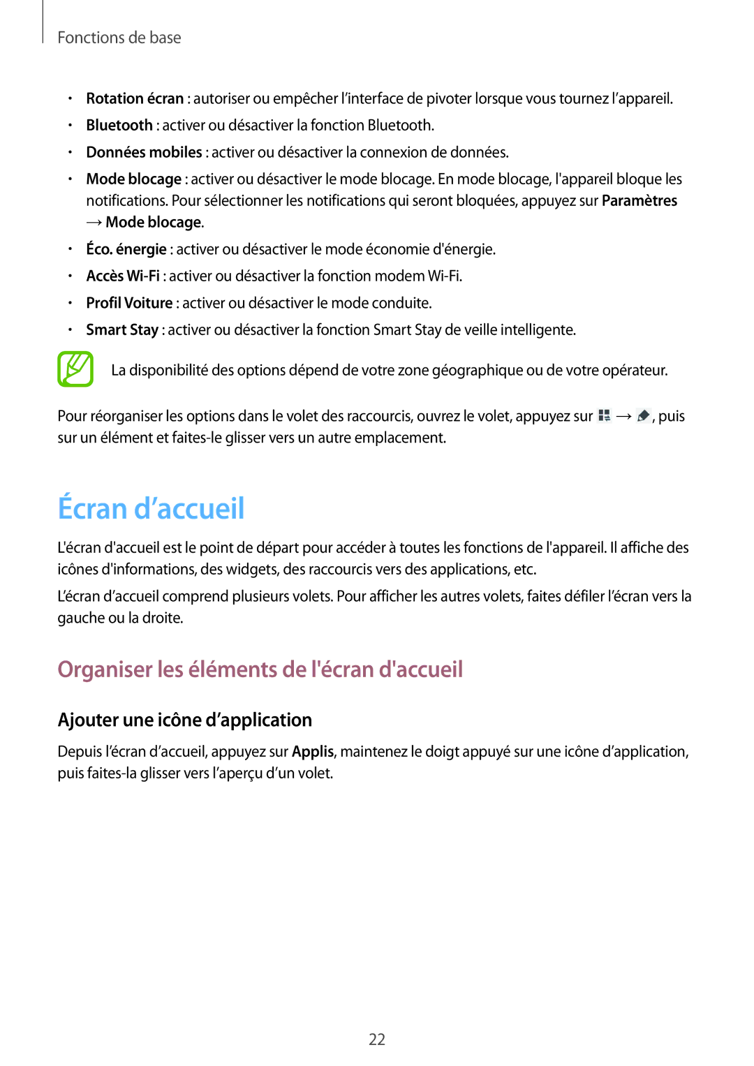 Samsung GT-P5200ZWAXEF manual Écran d’accueil, Organiser les éléments de lécran daccueil, Ajouter une icône d’application 