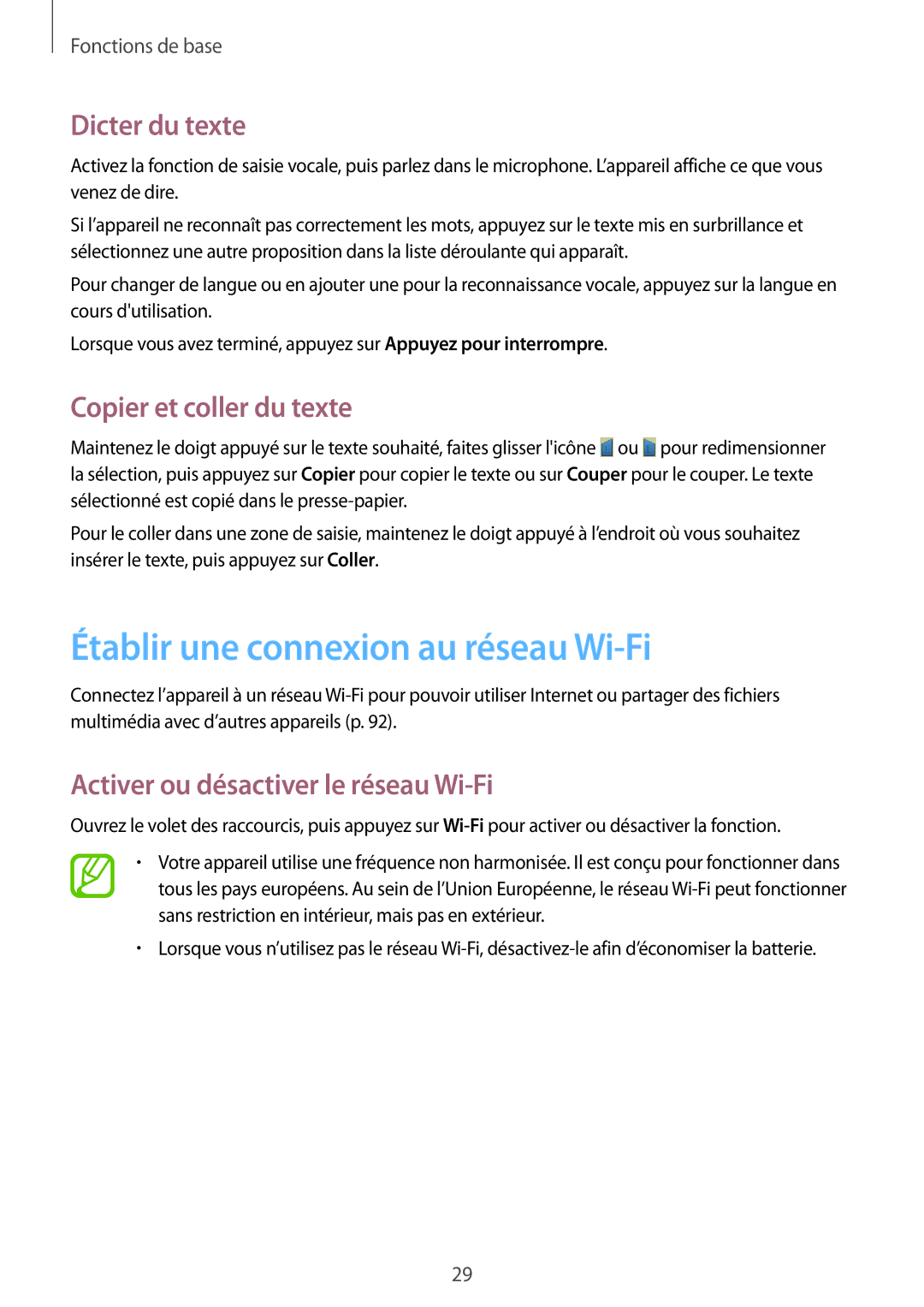 Samsung GT-P5200ZWAXEF manual Établir une connexion au réseau Wi-Fi, Dicter du texte, Copier et coller du texte 