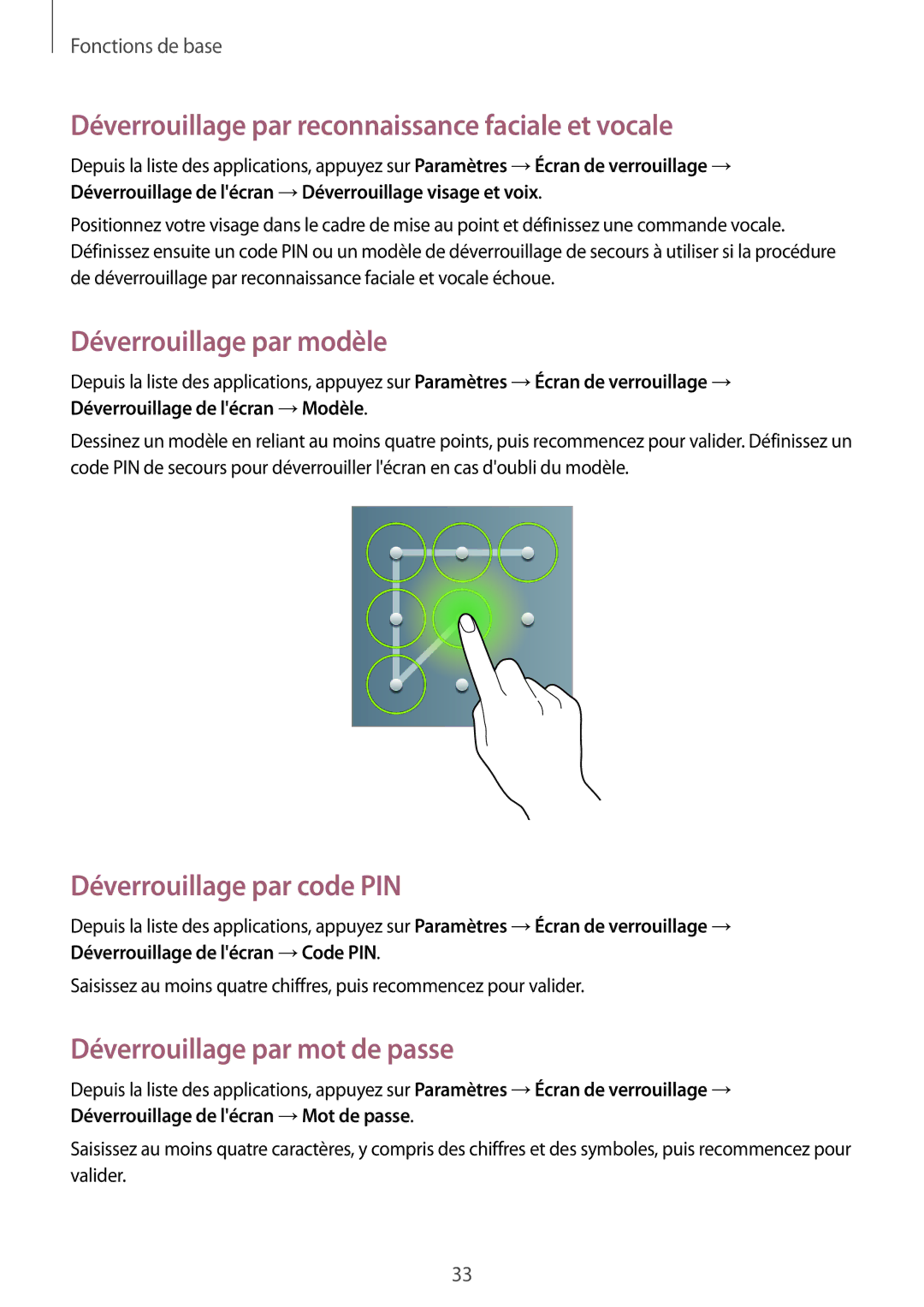 Samsung GT-P5200ZWAXEF manual Déverrouillage par reconnaissance faciale et vocale, Déverrouillage par modèle 