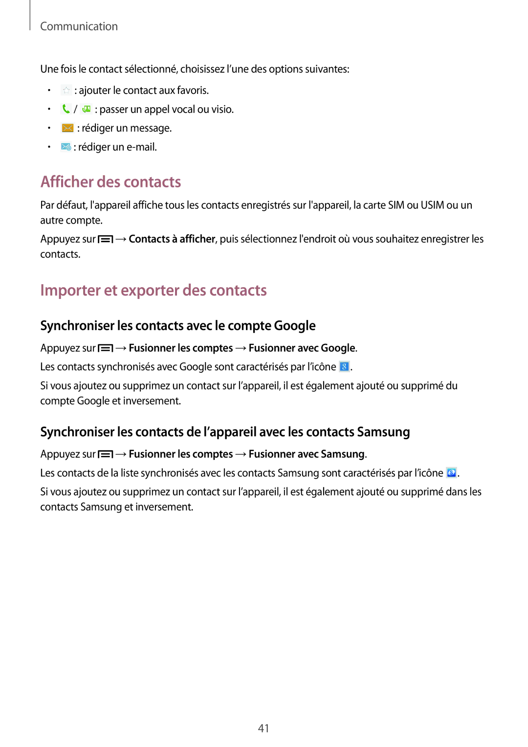 Samsung GT-P5200ZWAXEF manual Afficher des contacts, Importer et exporter des contacts 