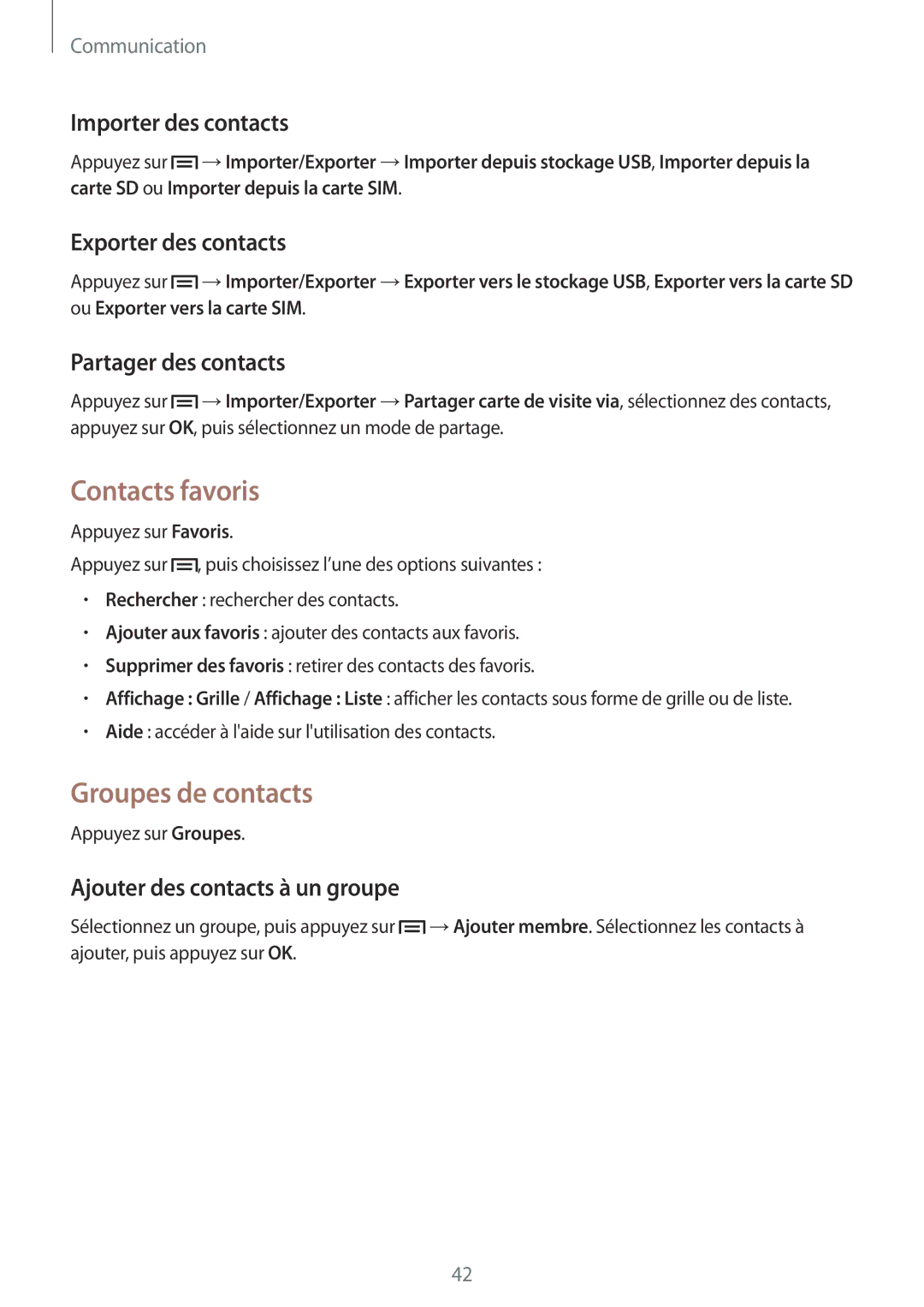 Samsung GT-P5200ZWAXEF manual Contacts favoris, Groupes de contacts 