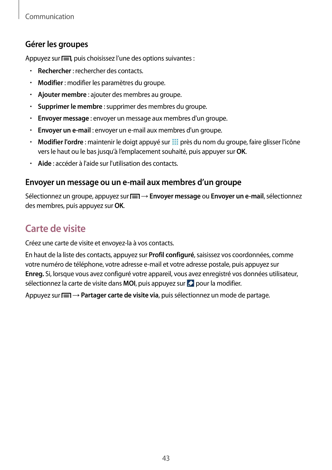 Samsung GT-P5200ZWAXEF manual Carte de visite, Gérer les groupes, Envoyer un message ou un e-mail aux membres d’un groupe 