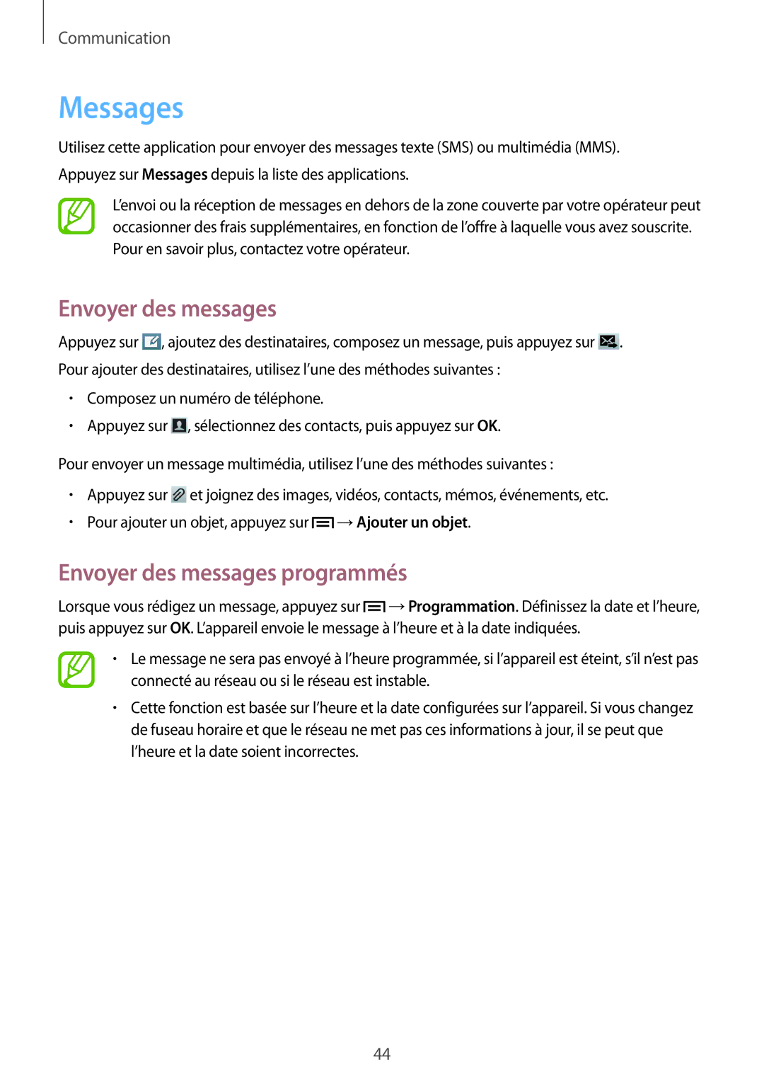 Samsung GT-P5200ZWAXEF manual Messages, Envoyer des messages programmés 