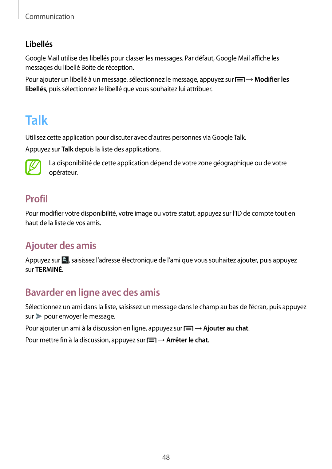 Samsung GT-P5200ZWAXEF manual Talk, Profil, Ajouter des amis, Bavarder en ligne avec des amis, Libellés 