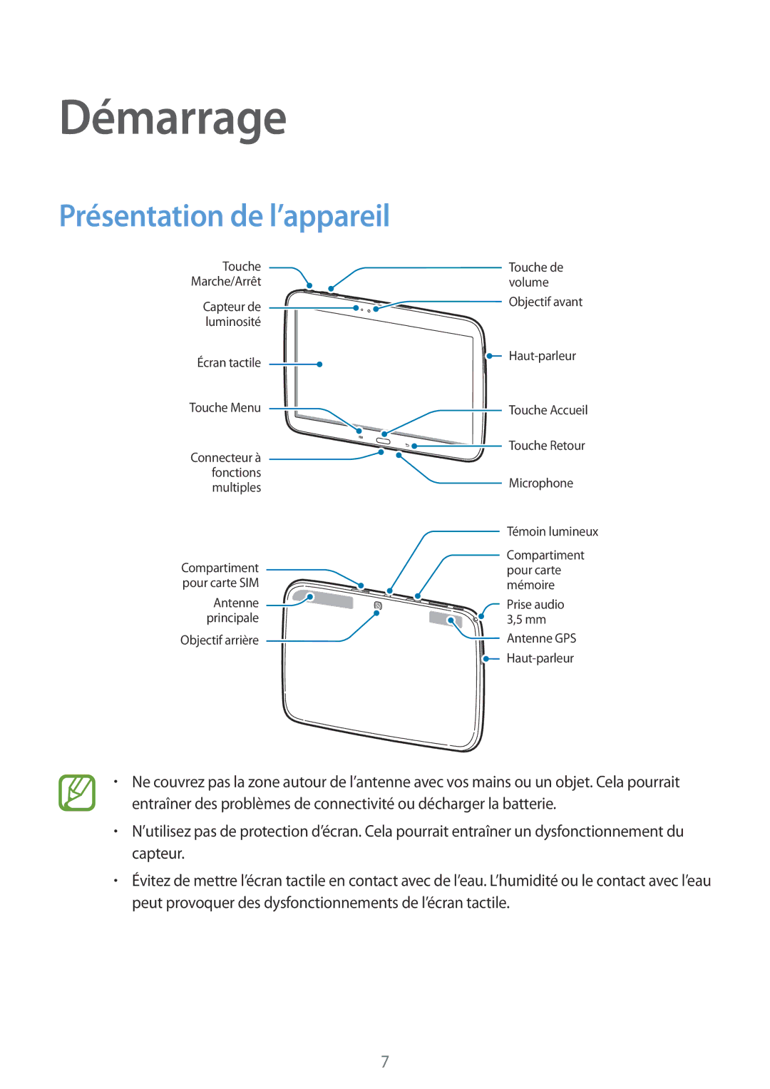 Samsung GT-P5200ZWAXEF manual Démarrage, Présentation de l’appareil 