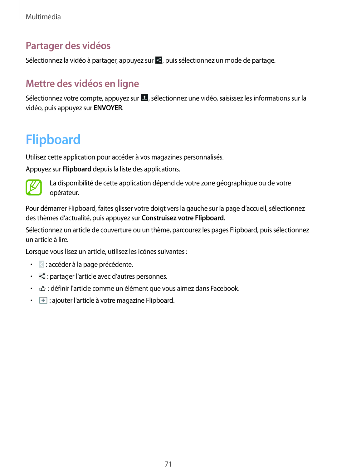 Samsung GT-P5200ZWAXEF manual Flipboard, Mettre des vidéos en ligne 