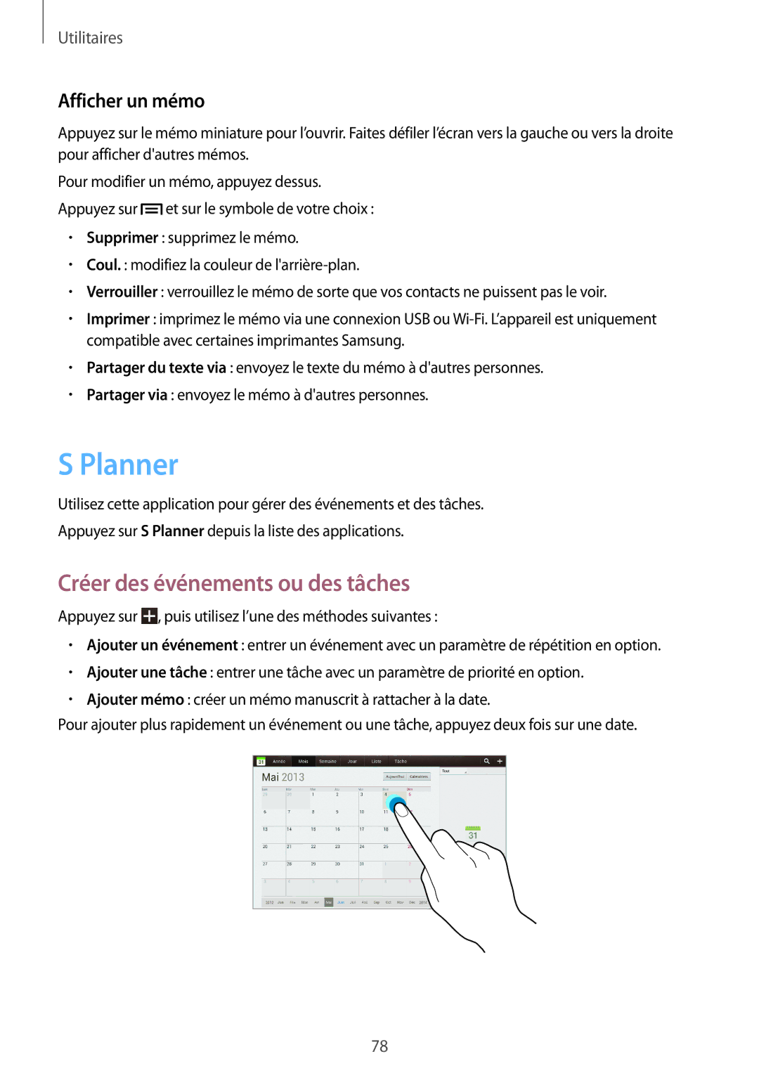 Samsung GT-P5200ZWAXEF manual Planner, Créer des événements ou des tâches, Afficher un mémo 
