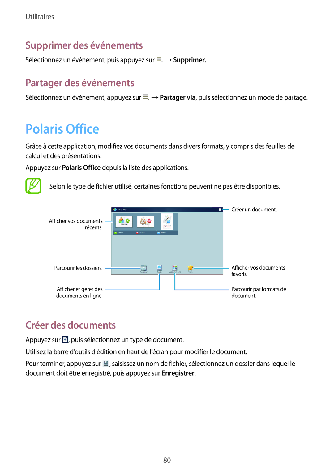 Samsung GT-P5200ZWAXEF manual Polaris Office, Supprimer des événements, Partager des événements, Créer des documents 