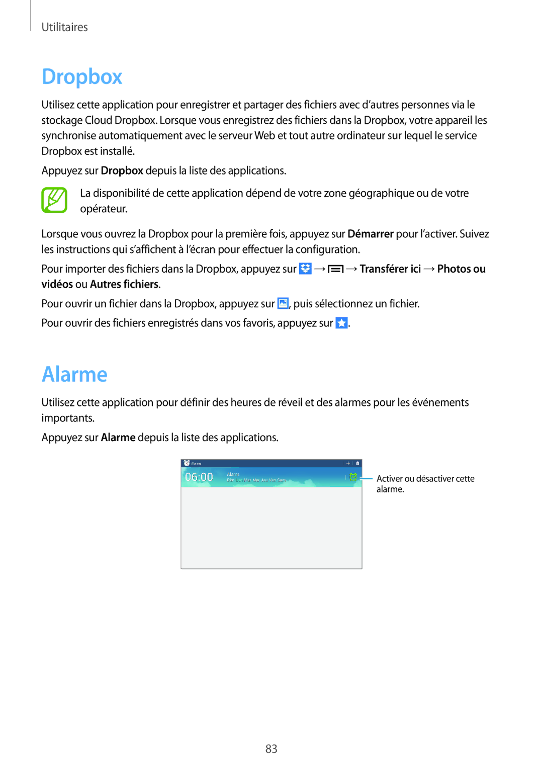 Samsung GT-P5200ZWAXEF manual Dropbox, Alarme 