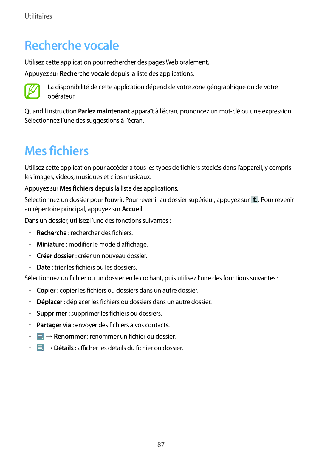 Samsung GT-P5200ZWAXEF manual Recherche vocale, Mes fichiers 