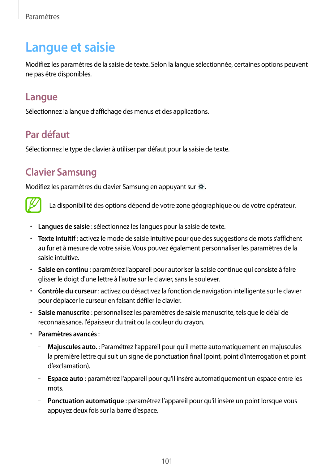 Samsung GT-P5200ZWAXEF manual Langue et saisie, Par défaut, Clavier Samsung, Paramètres avancés 