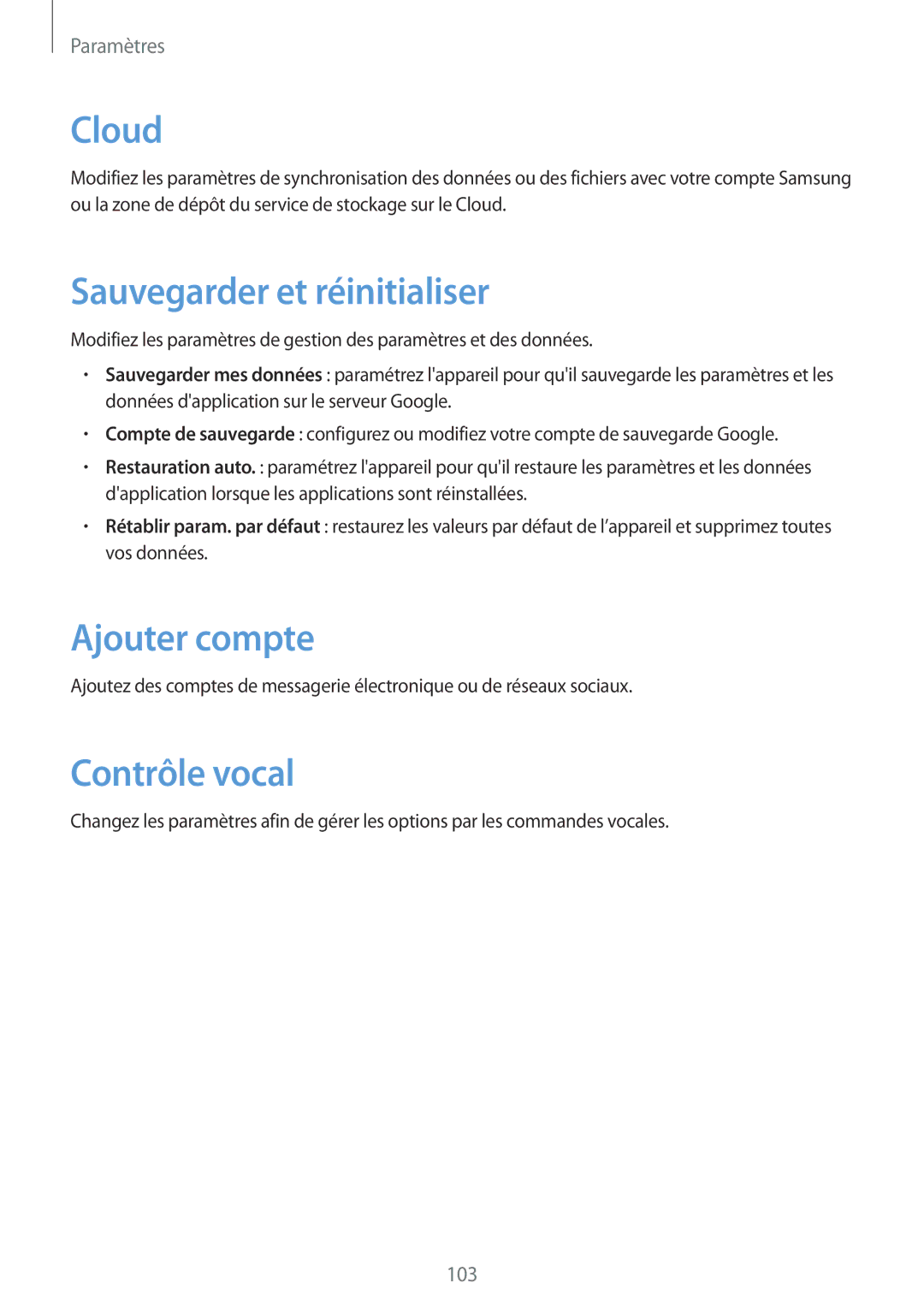 Samsung GT-P5200ZWAXEF manual Cloud, Sauvegarder et réinitialiser, Ajouter compte, Contrôle vocal 