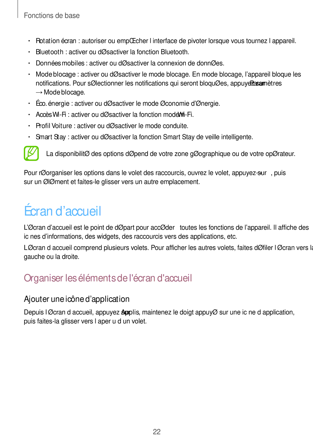 Samsung GT-P5200ZWAXEF manual Écran d’accueil, Organiser les éléments de lécran daccueil, Ajouter une icône d’application 