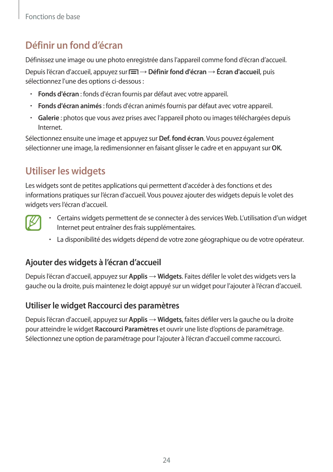 Samsung GT-P5200ZWAXEF manual Définir un fond d’écran, Utiliser les widgets, Ajouter des widgets à l’écran d’accueil 