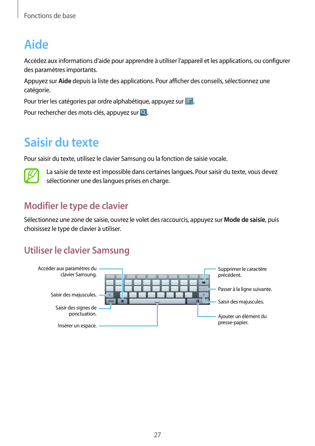 Samsung GT-P5200ZWAXEF manual Aide, Saisir du texte, Modifier le type de clavier, Utiliser le clavier Samsung 