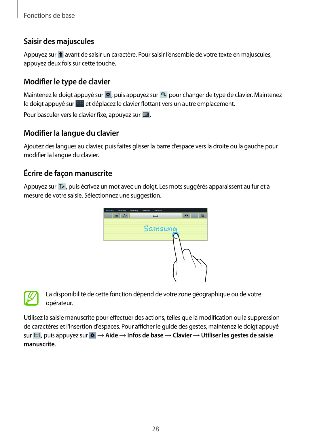 Samsung GT-P5200ZWAXEF manual Saisir des majuscules, Modifier le type de clavier, Modifier la langue du clavier 