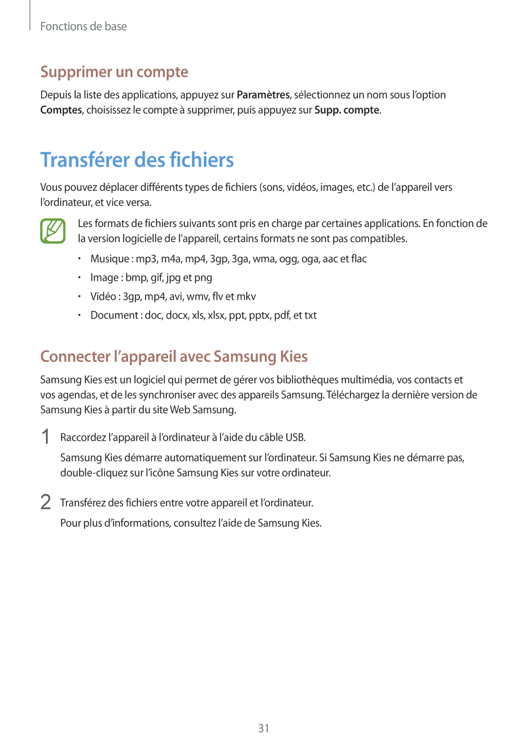 Samsung GT-P5200ZWAXEF manual Transférer des fichiers, Supprimer un compte, Connecter l’appareil avec Samsung Kies 