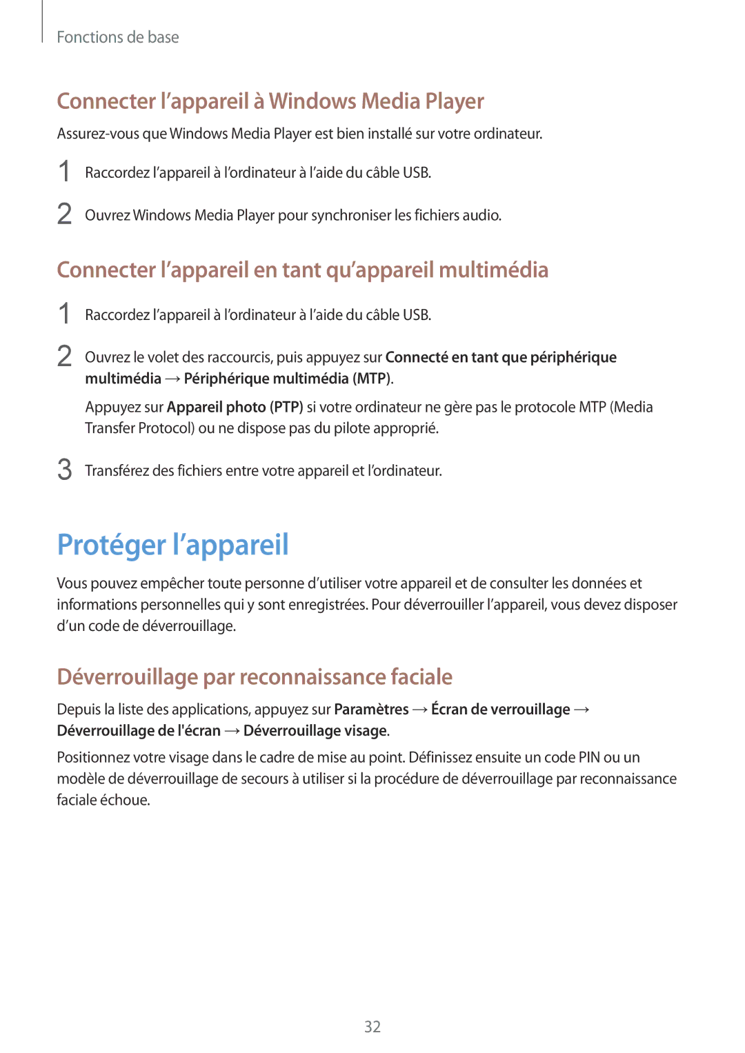 Samsung GT-P5200ZWAXEF manual Protéger l’appareil, Connecter l’appareil à Windows Media Player 