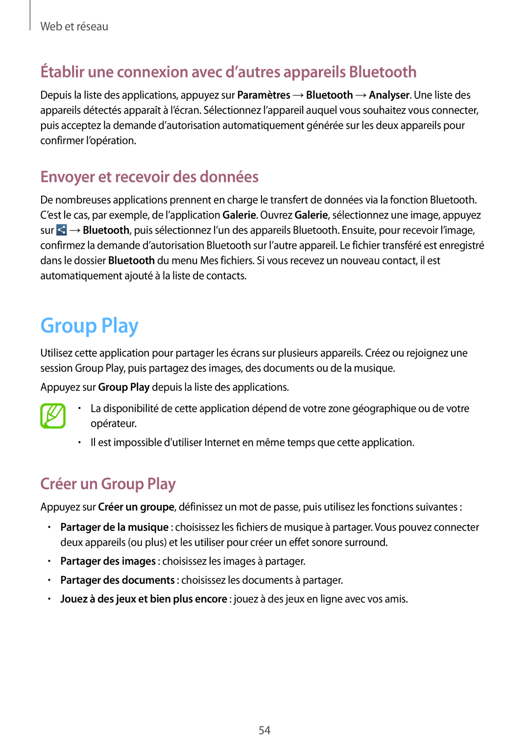 Samsung GT-P5200ZWAXEF manual Établir une connexion avec d’autres appareils Bluetooth, Créer un Group Play 