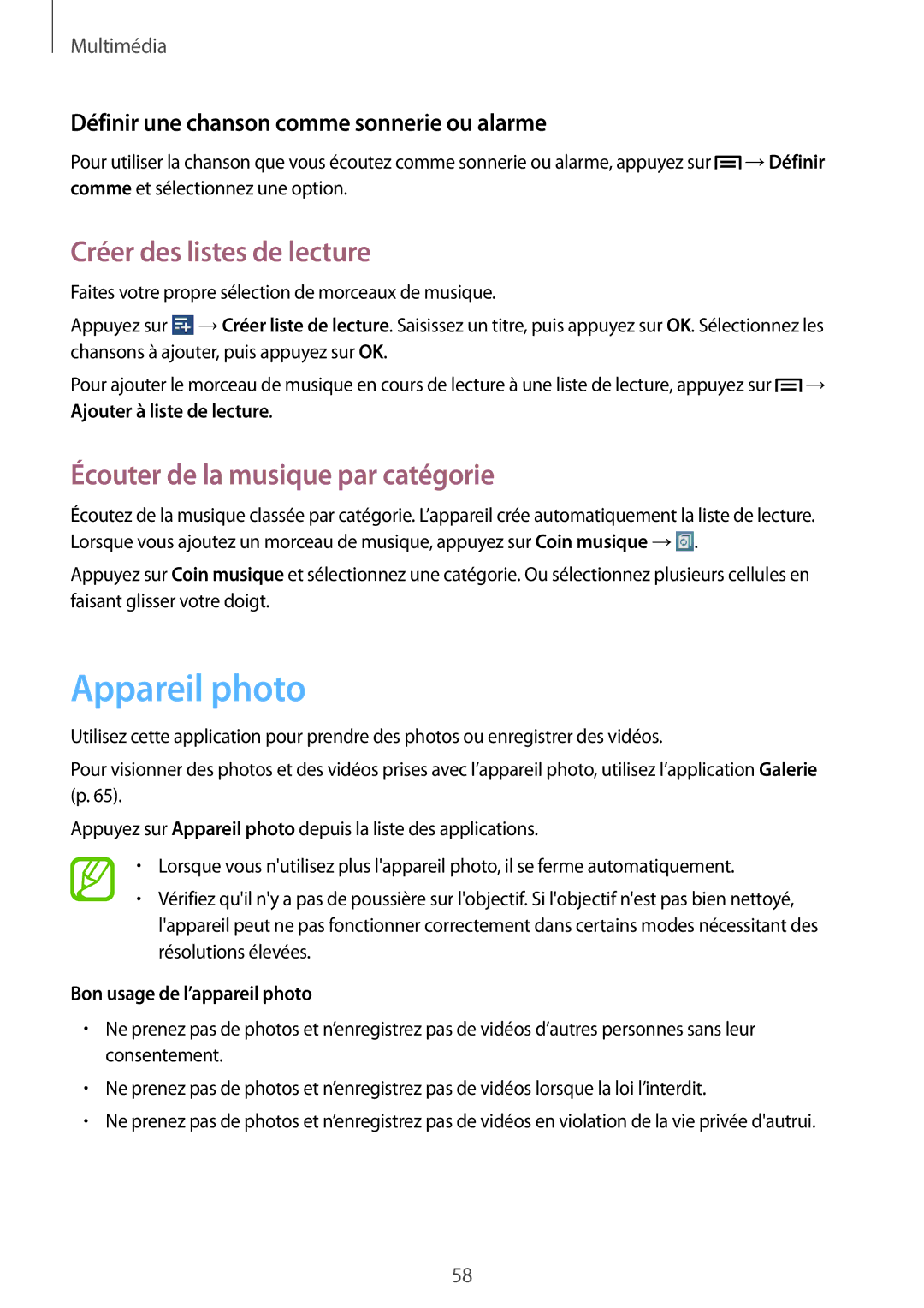 Samsung GT-P5200ZWAXEF manual Appareil photo, Créer des listes de lecture, Écouter de la musique par catégorie 