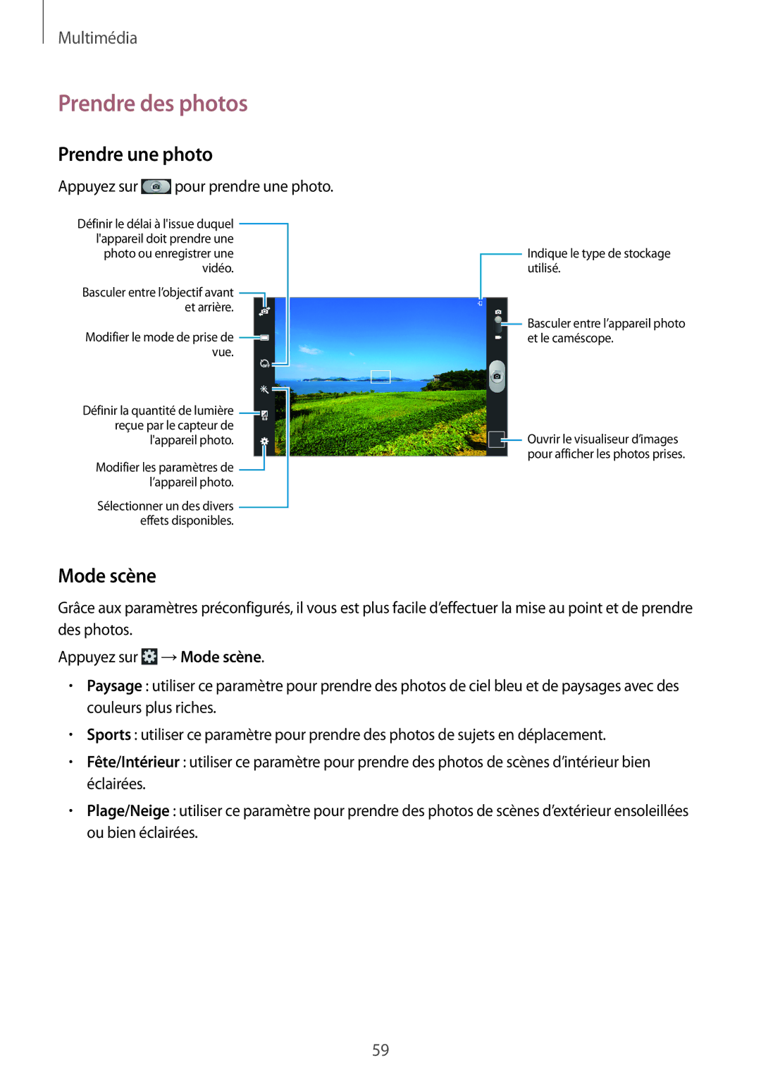 Samsung GT-P5200ZWAXEF manual Prendre des photos, Prendre une photo, Mode scène 