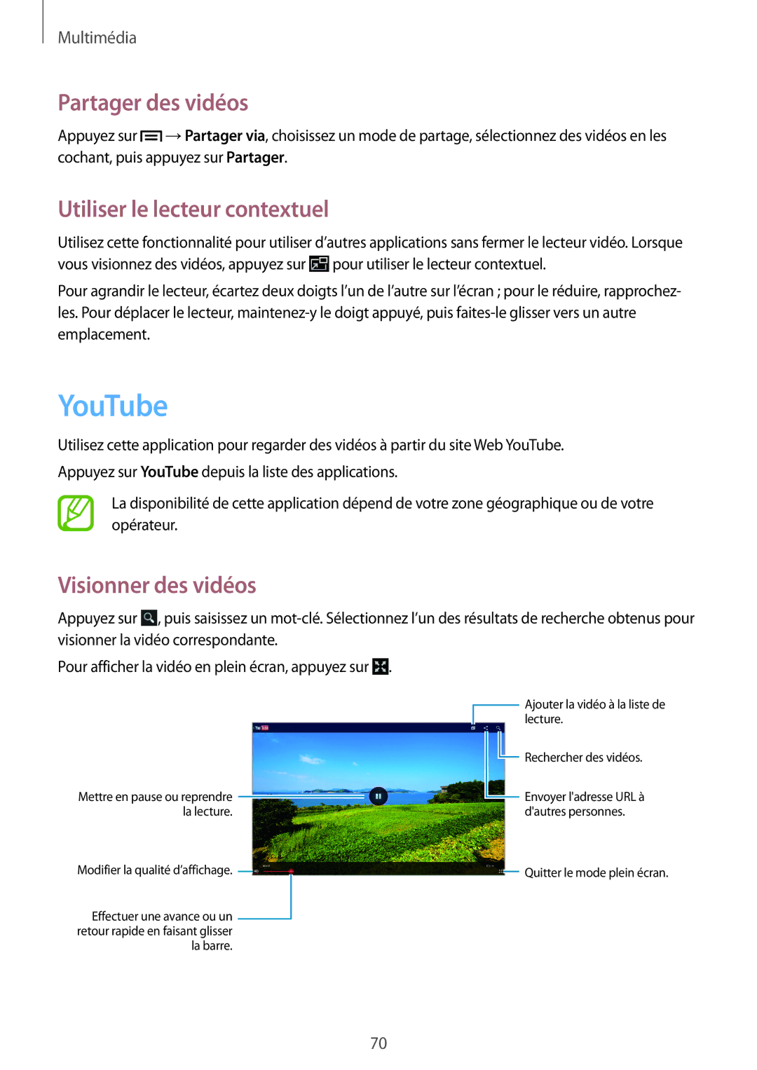 Samsung GT-P5200ZWAXEF manual YouTube, Partager des vidéos, Utiliser le lecteur contextuel 